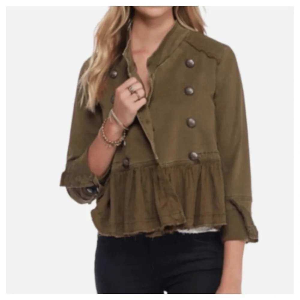 Free People Ruffle Hem Cropped Military Jacket Womens Small Olive Army Green